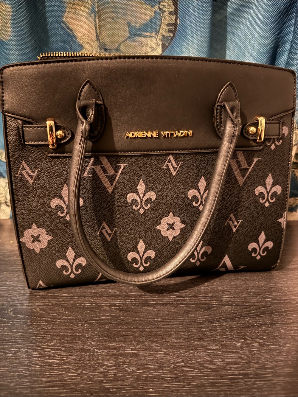 Adrienne Vittadini Black Satchel with Light Gray Fleur Monogram